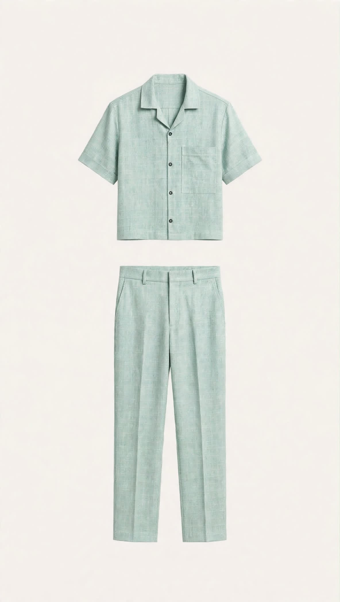 sage mint green • camp collar / revere collar • short sleeve • button front fastening • patch chest pocket to the front • relaxed straight leg trousers • belt loops with side pockets • back welt pockets • breathable linen blend • unlined / lightweight